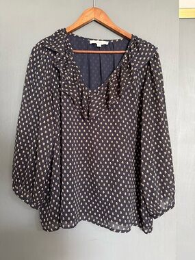 LOFT Floral V-Neck Blouse – Size XL, Pink Flowers, Puff Sleeve Ruffle V Neck